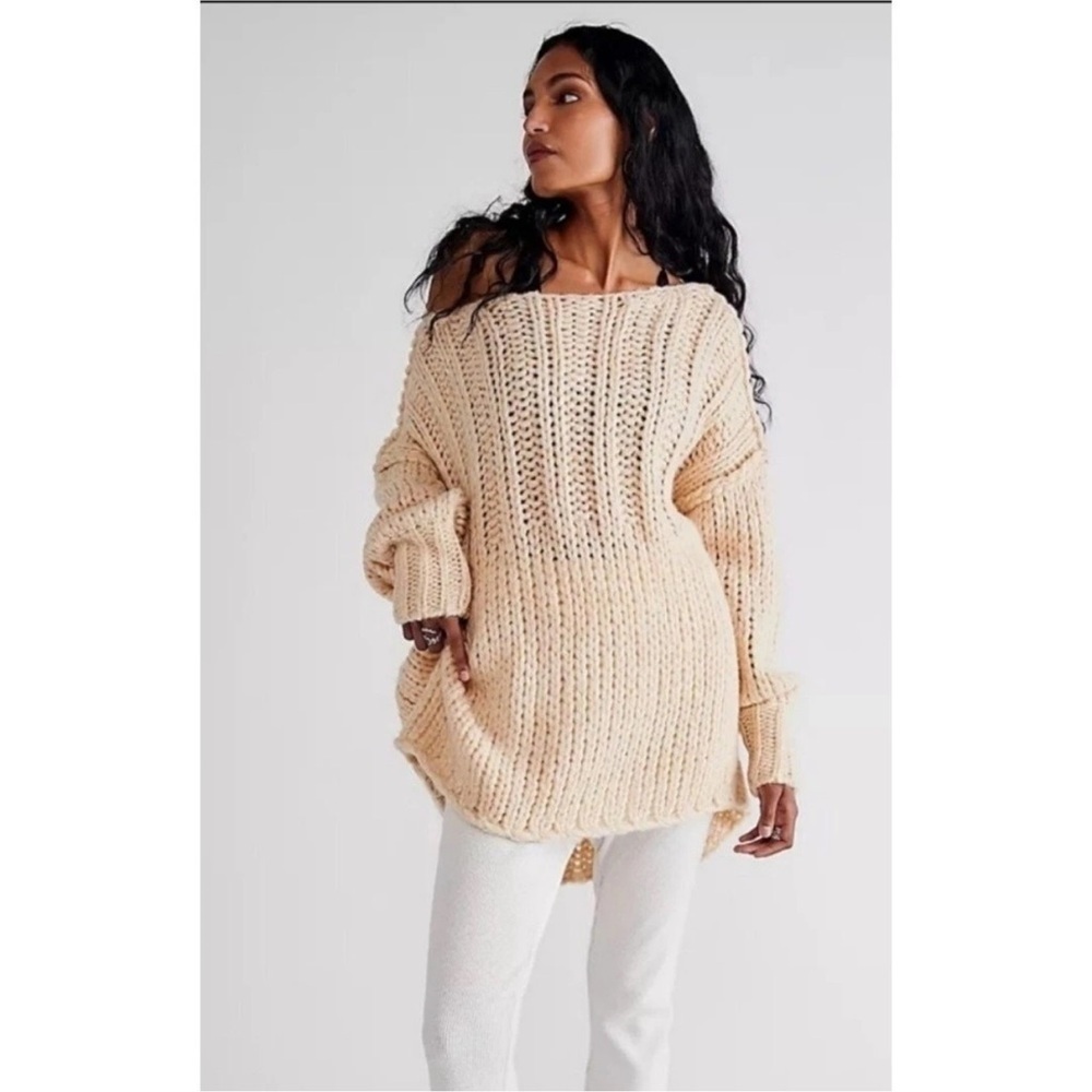 Free People Be There All Over Chunky Knit Oversized Off Shoulder Sweater Sz XS